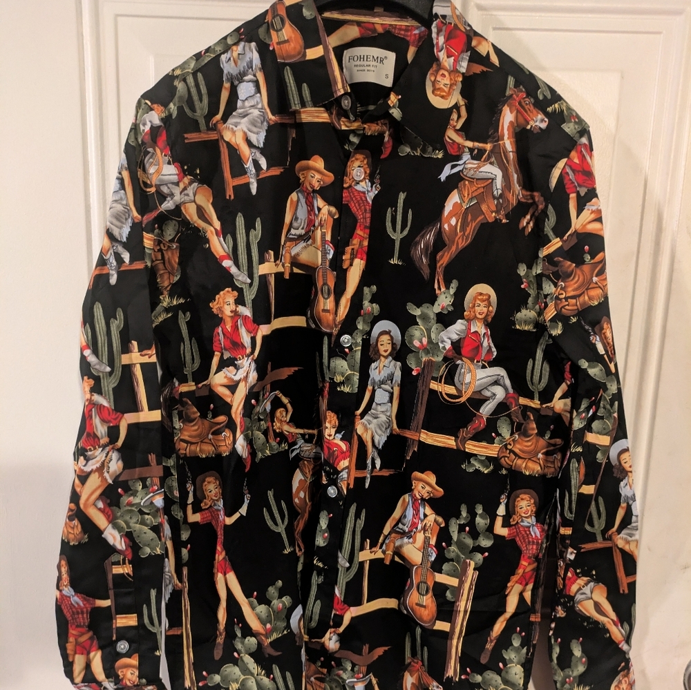 Black Western Pinup Print Button-Down Shirt